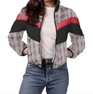 Central Park West Wesley Plaid Striped Puffer Jacket Moc Collar Womens Size S